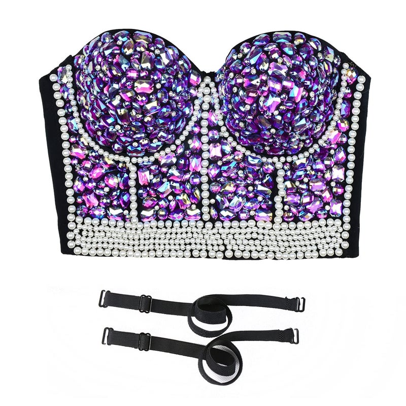 ELLACCI Women's Sexy Rhinestone Bead Bustier Crop Top Club Party Glitter Corset Top Bra Purple Medium - Image 3